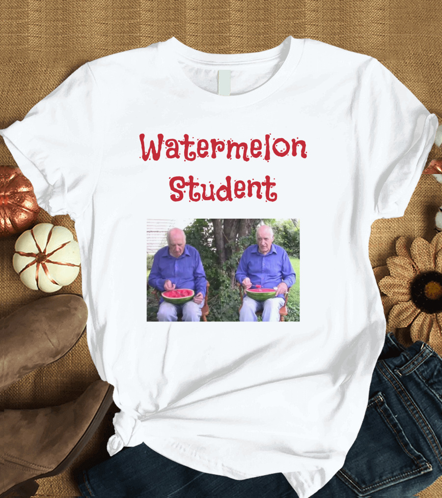Watermelon Student Eating in Garden with Blue T-Shirt