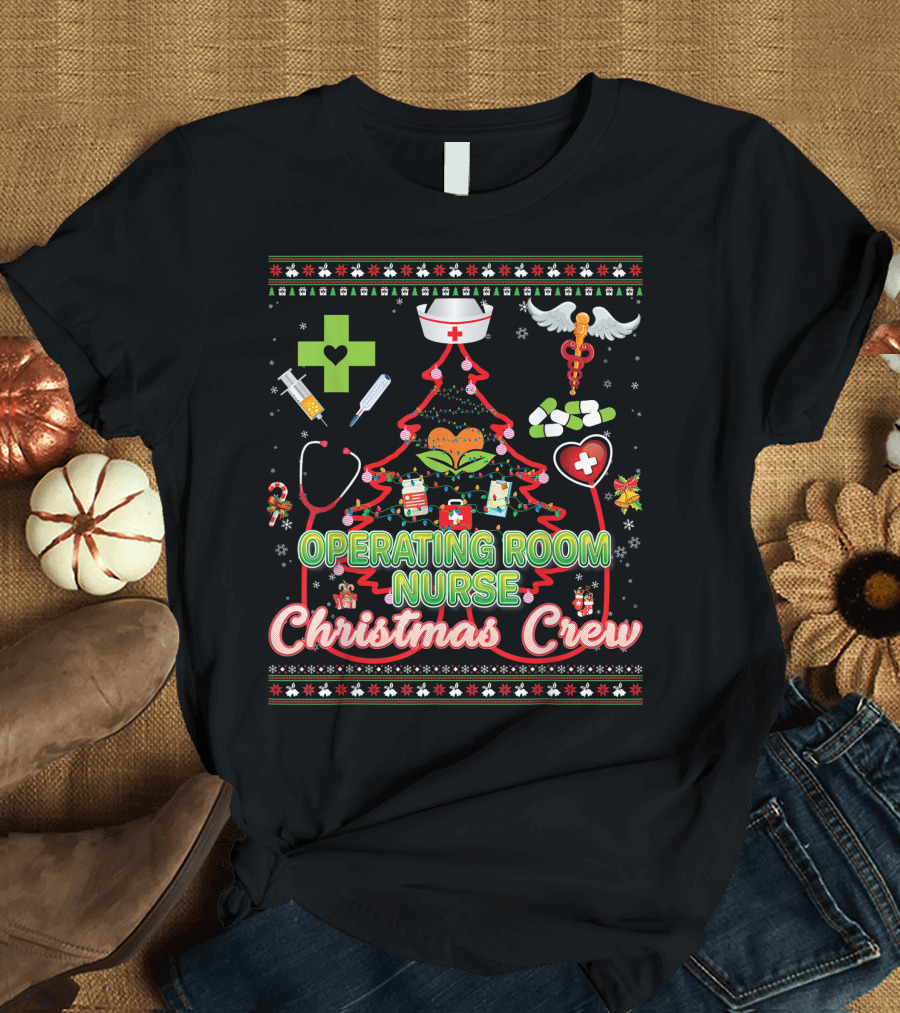 Operating Room Nurse Christmas Crew Tree Stethoscope Holiday Symbols T-Shirt