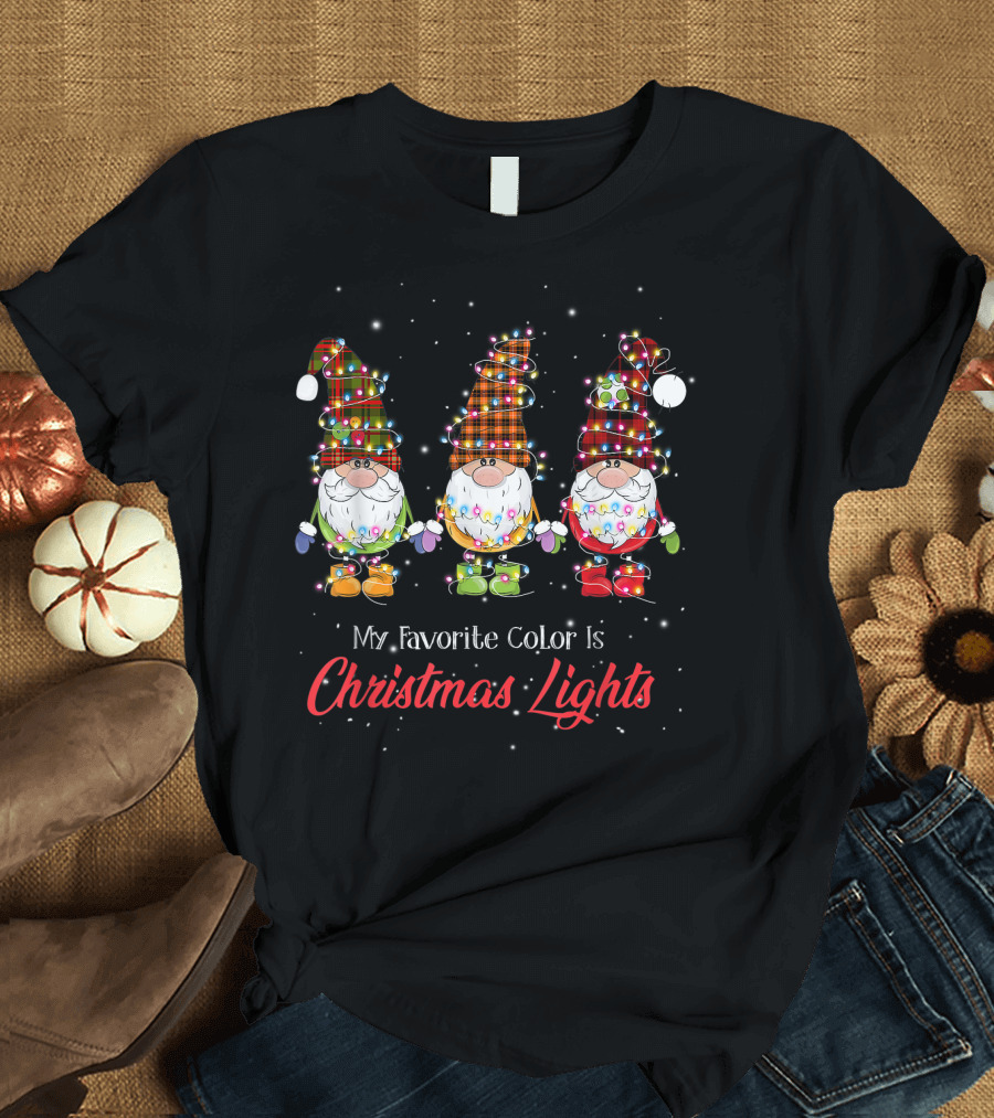 My Favorite Color Is Christmas Lights Gnomies Gnome Buffalo Plaid Trio T-Shirt