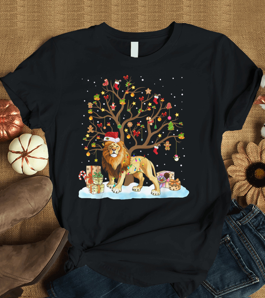 Lion with Christmas Tree Ornaments and Gifts T-Shirt