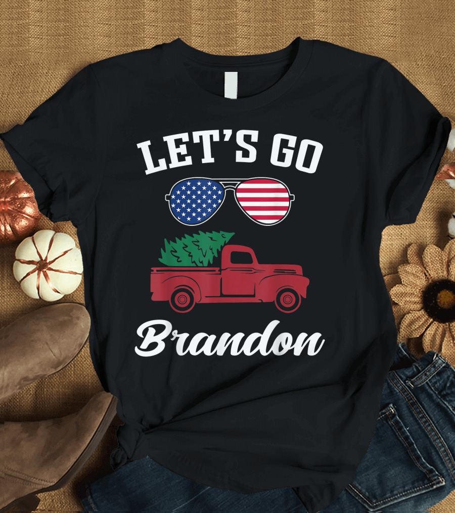LET'S GO BRANDON American Flag Sunglasses Red Truck Christmas Tree T-Shirt
