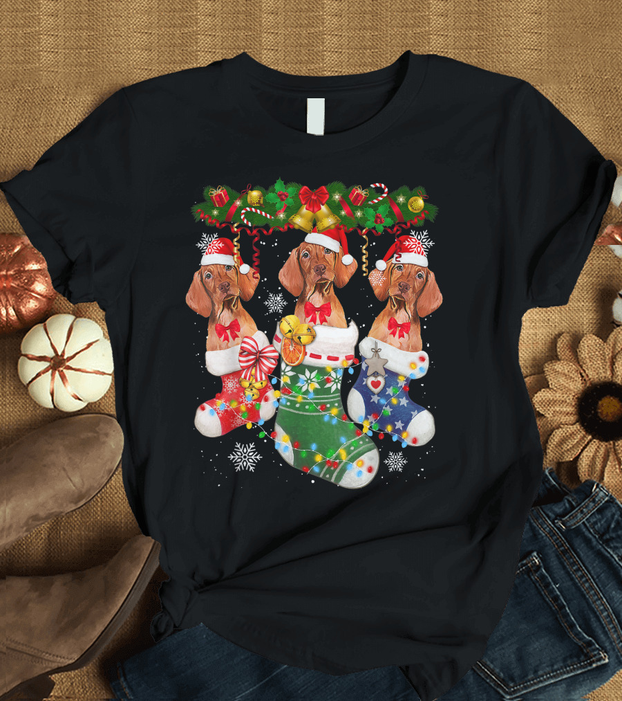 Vizsla Dogs in Christmas Stockings with Santa Hats and Holiday Decorations T-Shirt
