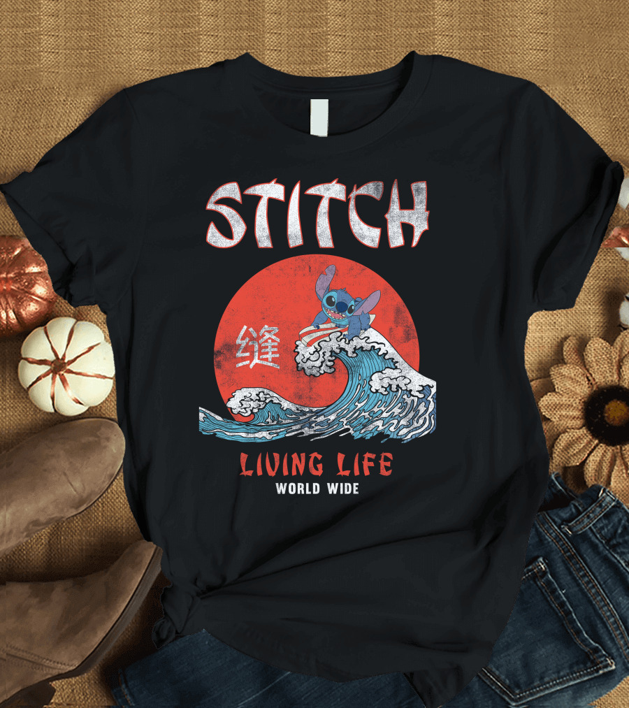 Stitch Living Life World Wide Wave Red Japanese Character T-Shirt