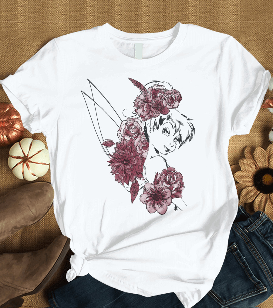 Disney Peter Pan Tinkerbell Red Floral Outline T-Shirt
