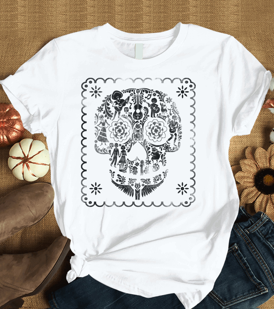 Disney Pixar Coco Intricate Sugar Skull Design with Guitar Motif T-Shirt