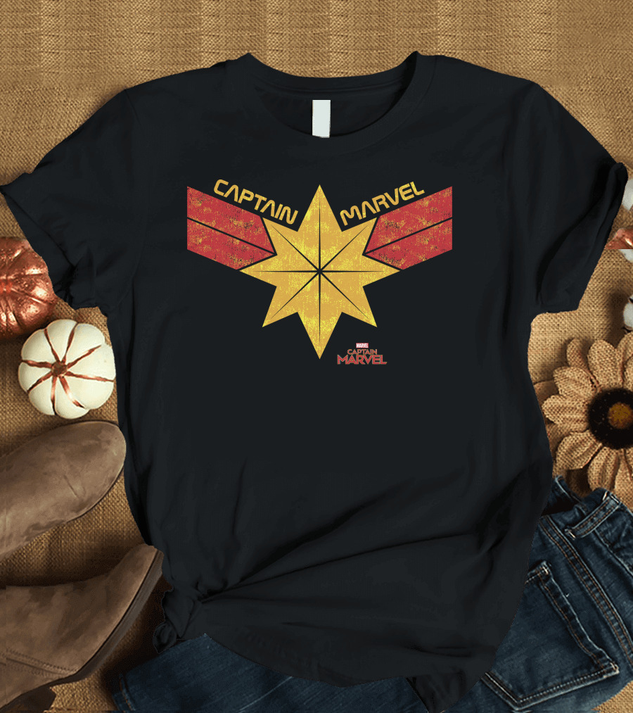 Captain Marvel Distressed Star Emblem with Red Ribbons T-Shirt