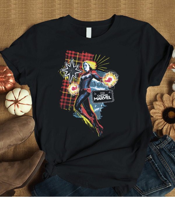T-Shirt: Captain Marvel Starburst Plaid Jean Patch Marvel Comics Hero T-Shirt Captain Marvel Starburst Plaid Jean Patch Marvel Comics Hero T-Shirt