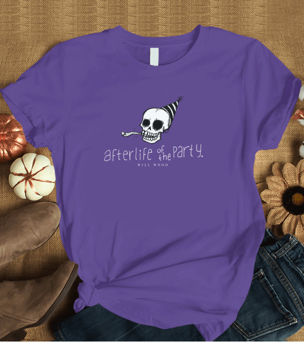 T-Shirt: Afterlife Of The Party Skull with Party Hat and Blower T-Shirt Afterlife Of The Party Skull with Party Hat and Blower T-Shirt