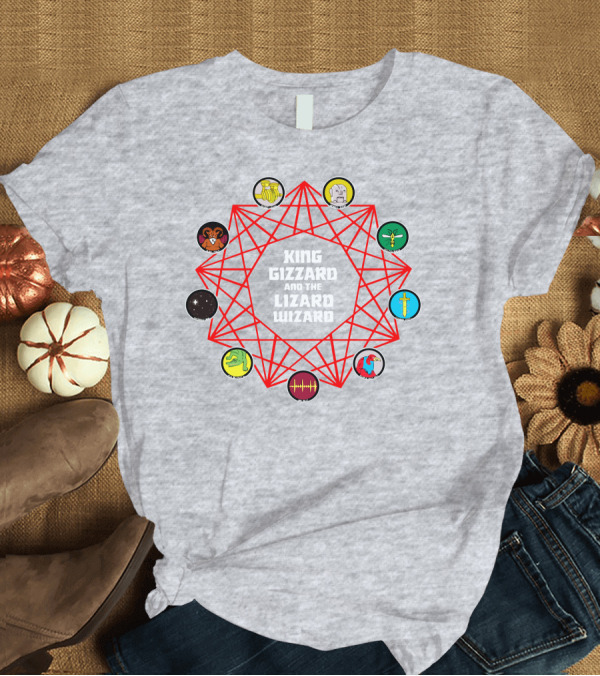 T-Shirt: King Gizzard and the Lizard Wizard Merch with Iconic Symbols and Red Geometric Web T-Shirt King Gizzard and the Lizard Wizard Merch with Iconic Symbols and Red Geometric Web T-Shirt