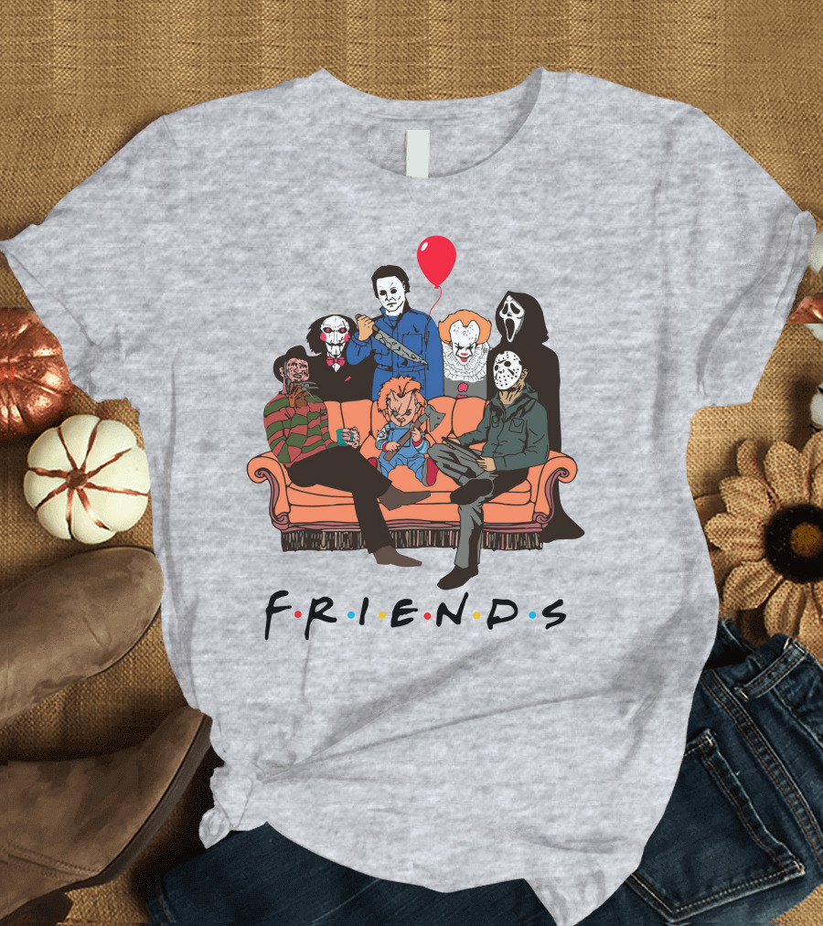 Famous Horror Movie Killers Characters Friends Sitting on Couch with Red Balloon T-Shirt
