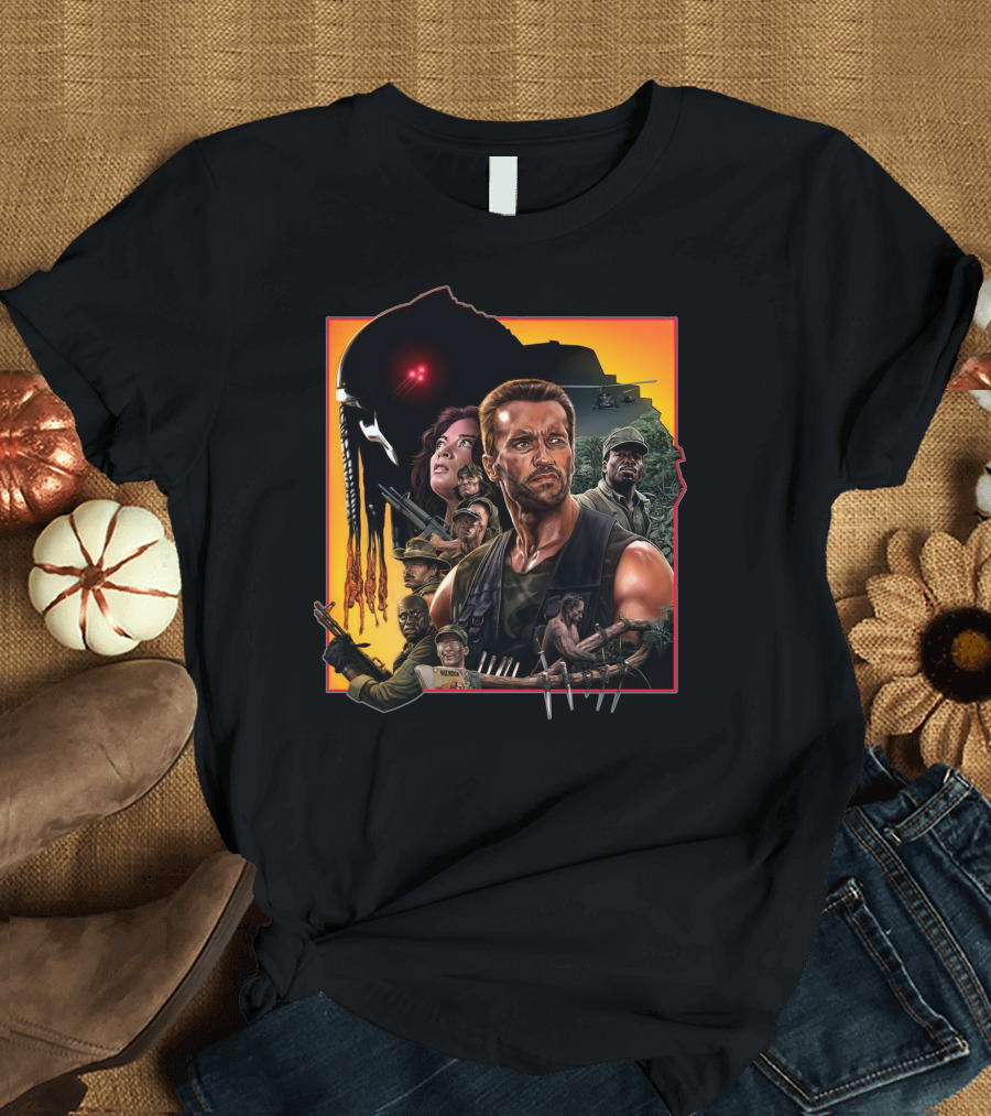 Predator Movie Characters and Jungle Battle Scene T-Shirt