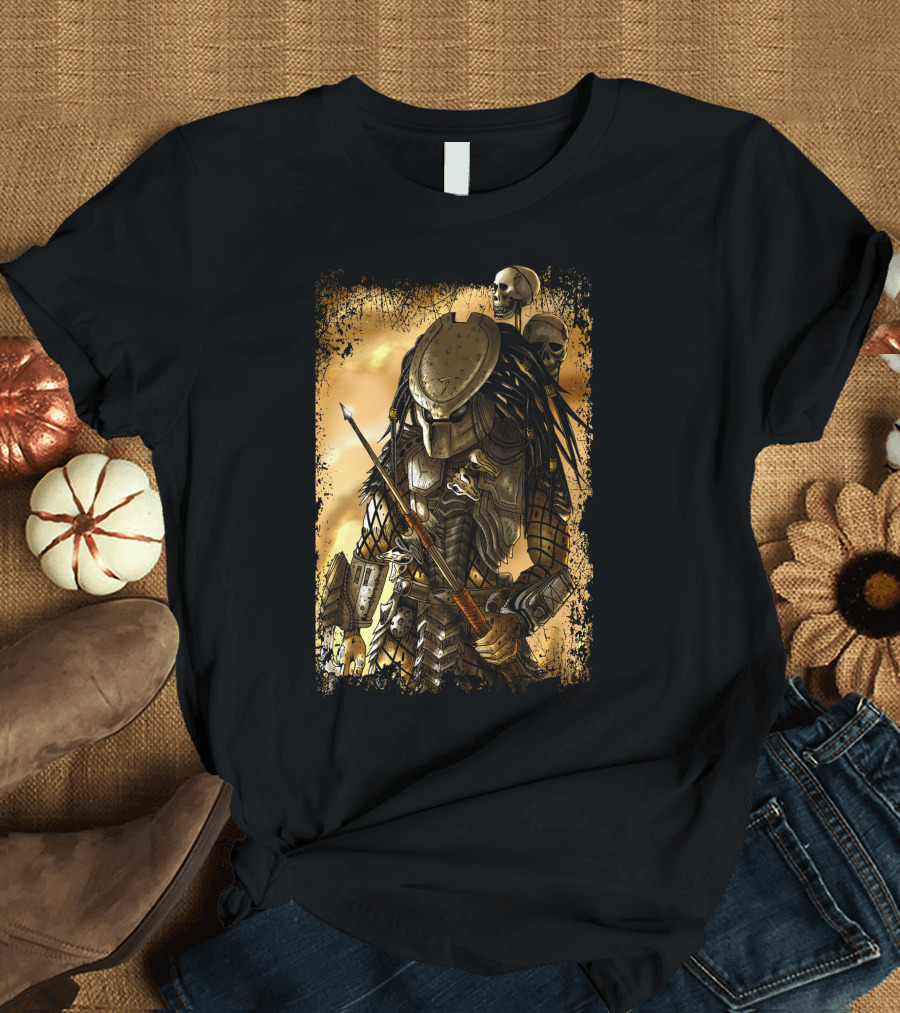 Predator Alien Warrior with Skulls and Dreadlocks T-Shirt