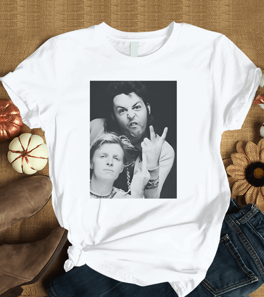 Paul and Linda V Series Black and White Duo Portrait Iconic Gesture T-Shirt