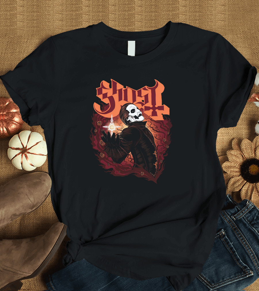 Ghost Band Skull Figure Red Flames T-Shirt