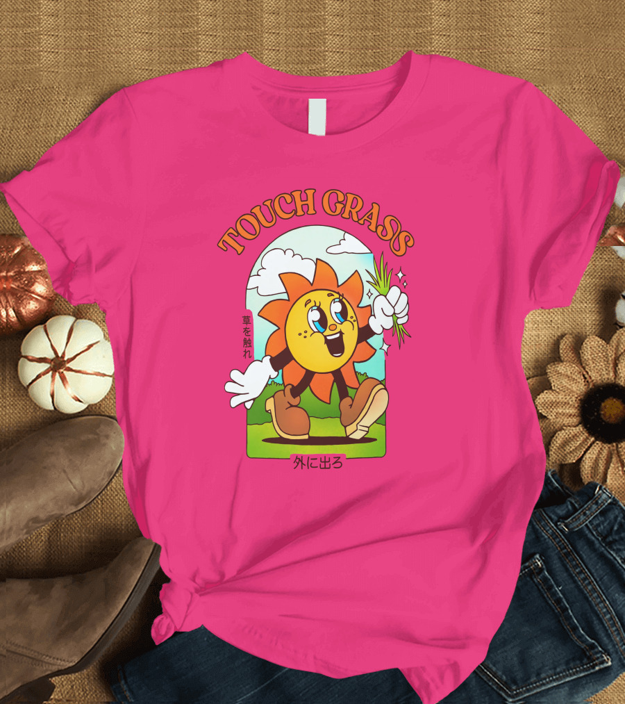 TOUCH GRASS Hellvetika Sunflower Character Boots Japan Text T-Shirt