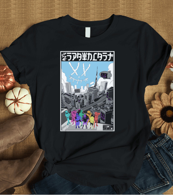T-Shirt: Spawncast Cyberpunk Cityscape with Masked Figures and Smiling Skyline Eyes T-Shirt Spawncast Cyberpunk Cityscape with Masked Figures and Smiling Skyline Eyes T-Shirt