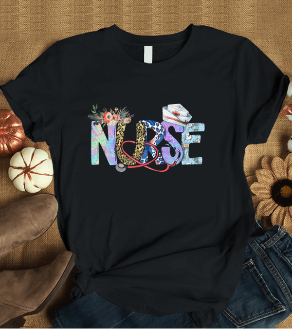 T-Shirt: Nurse Colorful Floral Animal Print Stethoscope Hat T-Shirt Nurse Colorful Floral Animal Print Stethoscope Hat T-Shirt