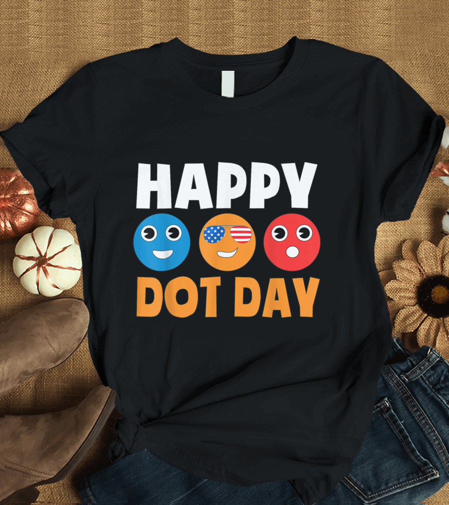 Happy International Dot Day Colorful Emoji Faces with USA Flag Glasses T-Shirt