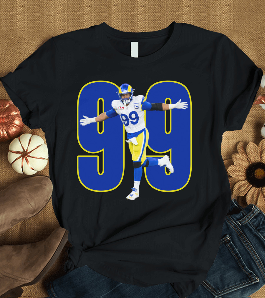 Aaron Charles Donald Number 99 NFL Player in Blue and Yellow Football Uniform T-Shirt