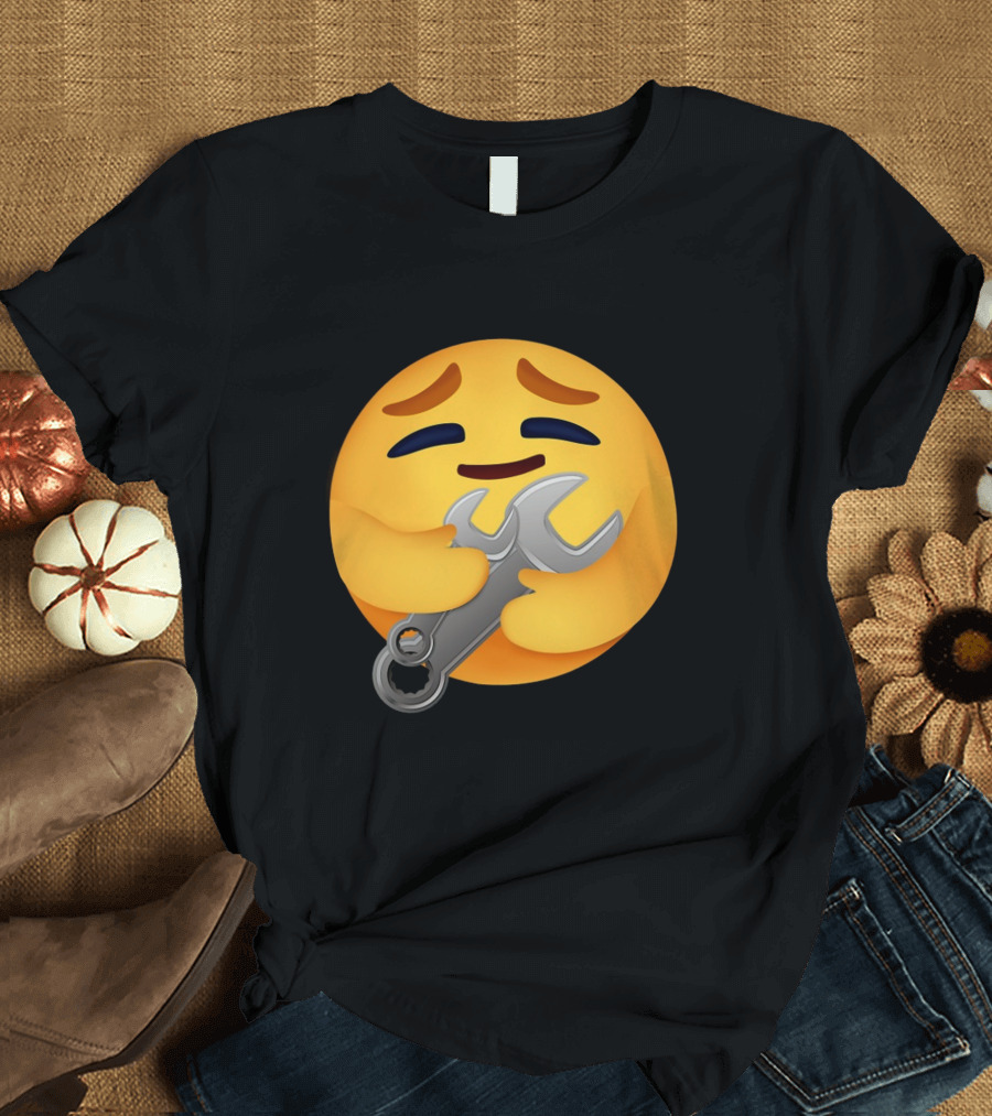 FUNNY MECHANIC EMOTION HUGGING WRENCH EMOJI T-Shirt