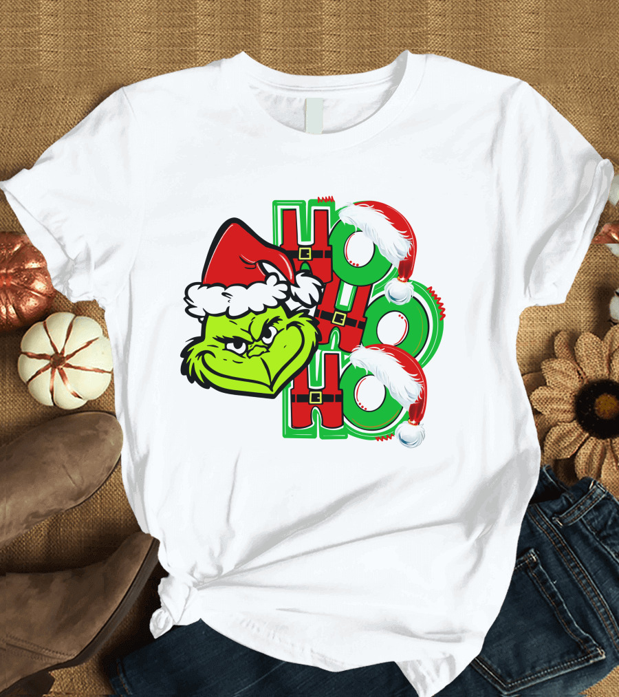 Grinch Ho Ho Ho Santa Hat Christmas T-Shirt