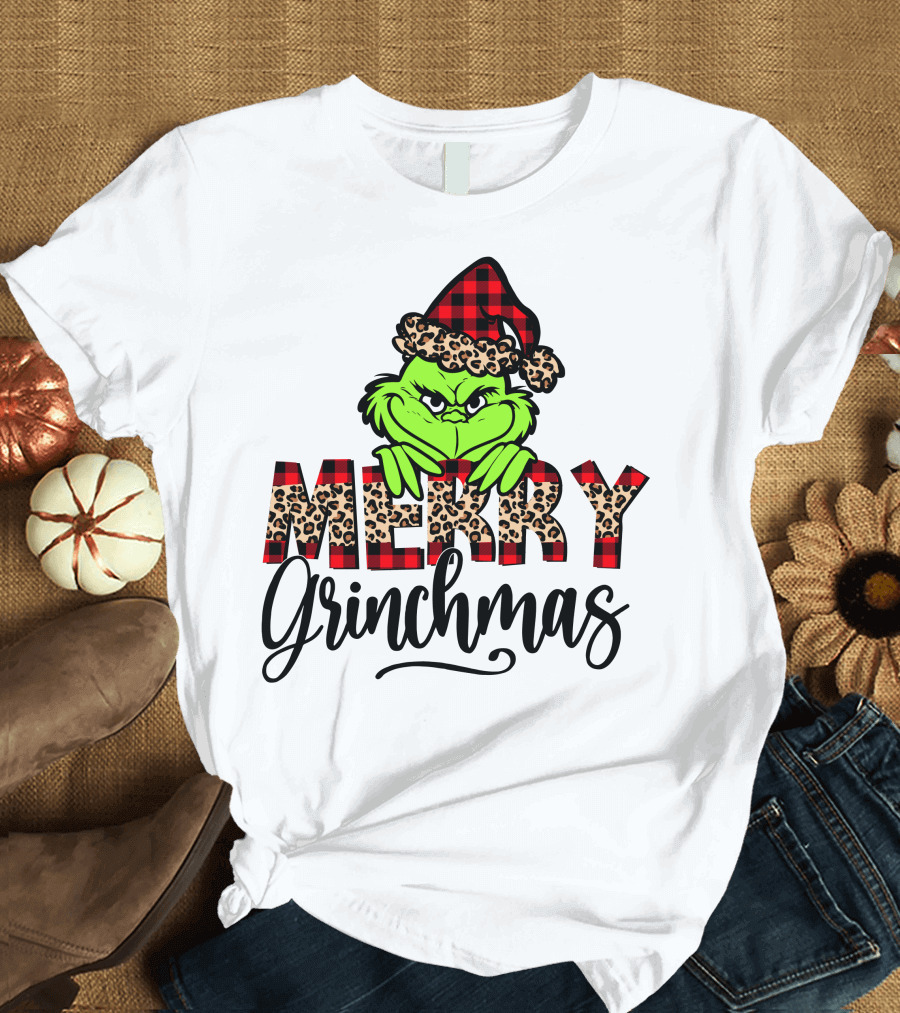 Merry Grinchmas Red Plaid and Leopard Print Christmas Grinch T-Shirt
