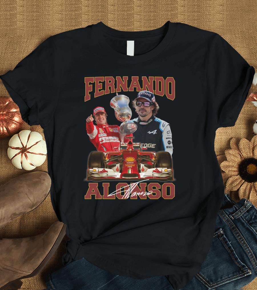 FERNANDO ALONSO F1 RACING LEGEND WITH TROPHY AND CARS T-Shirt