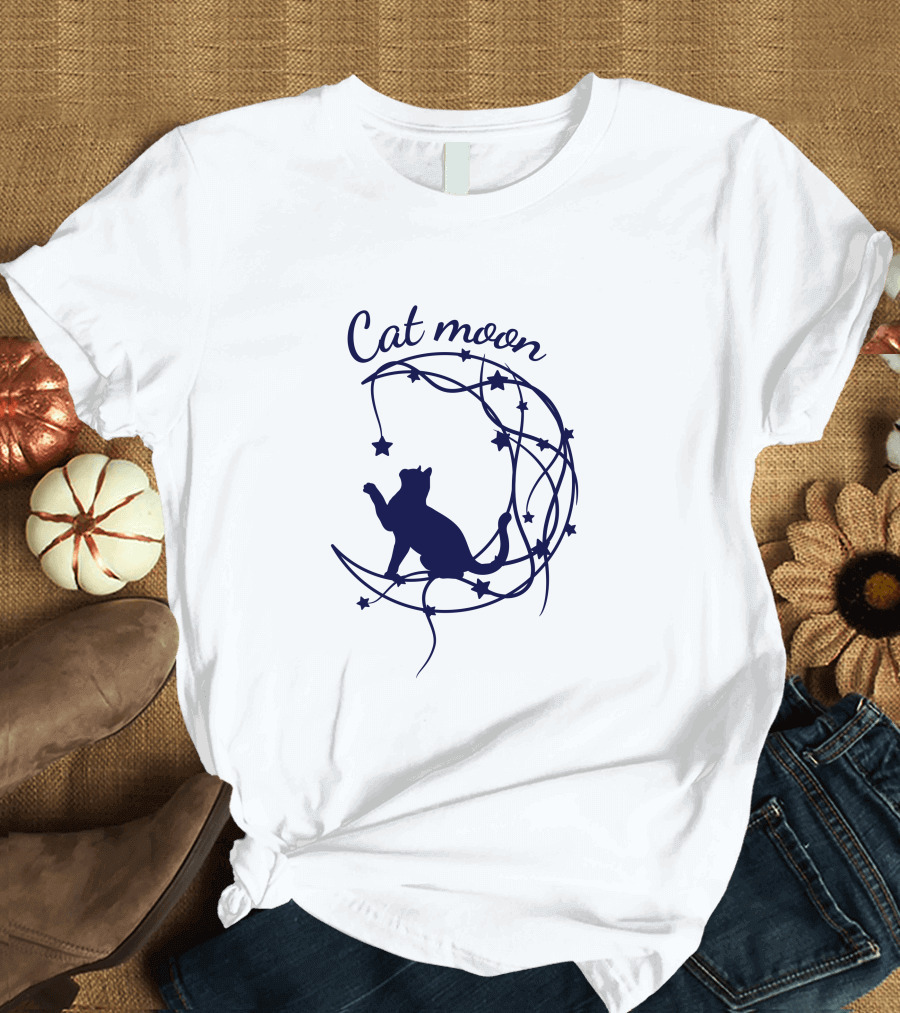 Cat Moon Silhouette With Stars And Vines T-Shirt