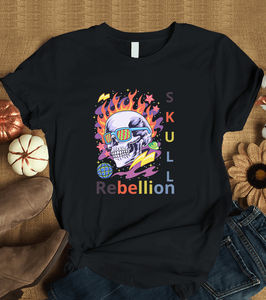 Rebellion Skull with Fiery Sunglasses and Cosmic Elements T-Shirt
