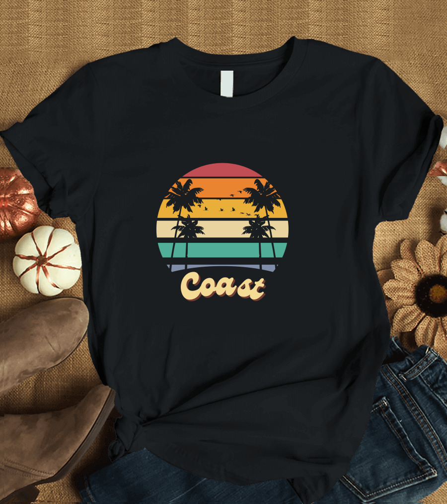 Coast Vintage Sunset Palm Trees Birds T-Shirt