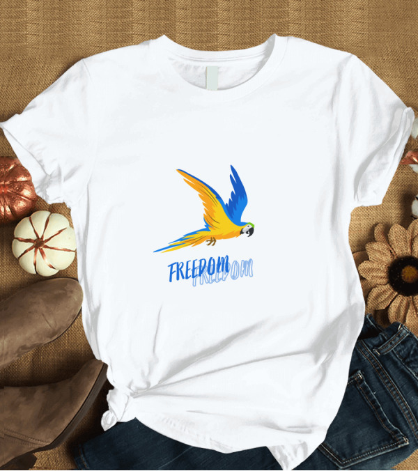 T-Shirt: FREEDOM Parrot Flight Blue Yellow Bird T-Shirt FREEDOM Parrot Flight Blue Yellow Bird T-Shirt