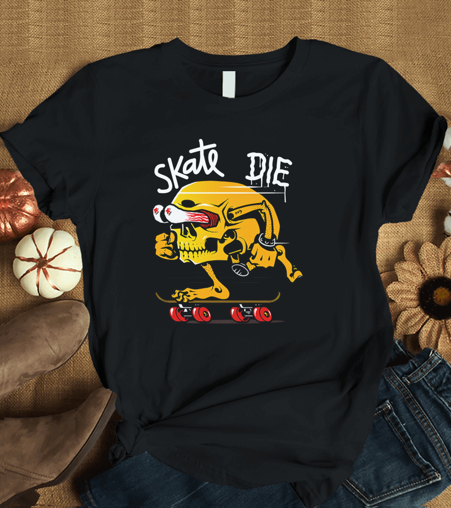 Skate Or Die Thrill-Seeking Skull on Skateboard T-Shirt