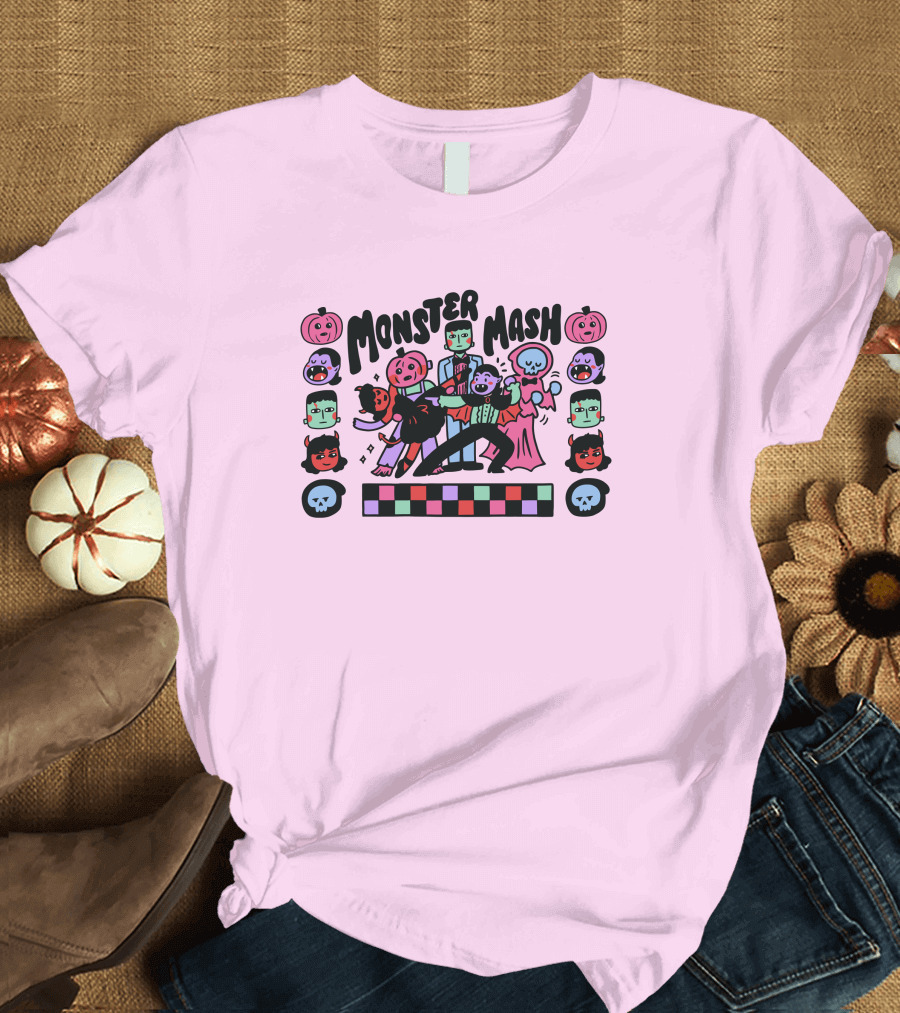Monster Mash Frankenstein Dracula Ghost Dance Halloween Pumpkins Skulls T-Shirt