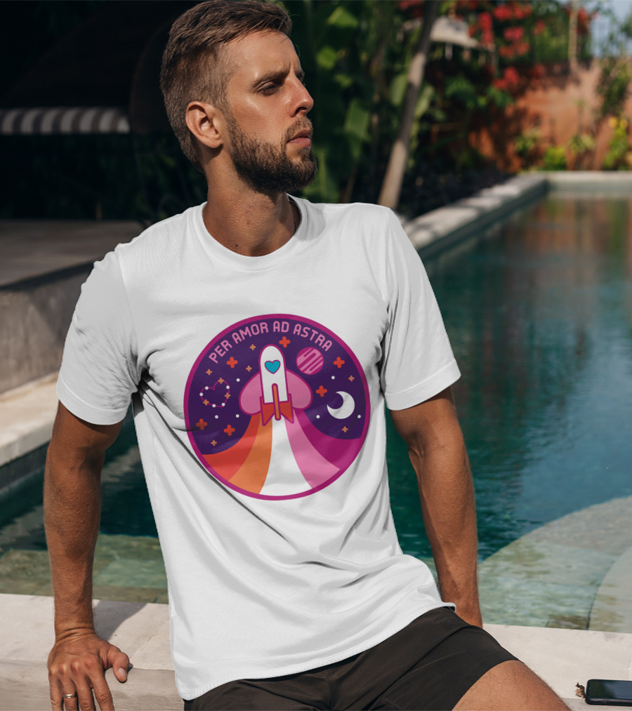 Per Amor Ad Astra Space Pride Lesbian Flag Rocket Heart Planet Moon T-Shirt