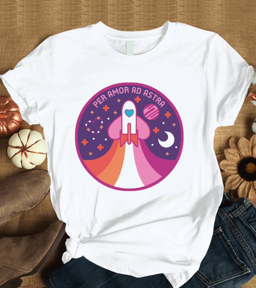Per Amor Ad Astra Space Pride Lesbian Flag Rocket Heart Planet Moon T-Shirt