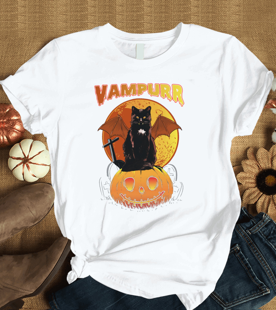 Vampurr Black Cat with Bat Wings and Pumpkin Halloween T-Shirt