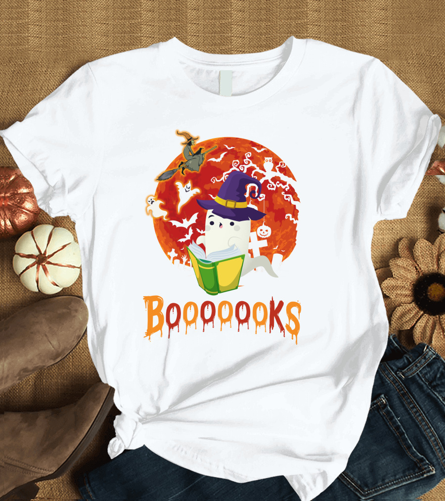 BOOOOOOKS Ghost Reading Witch Hat Halloween Scene T-Shirt