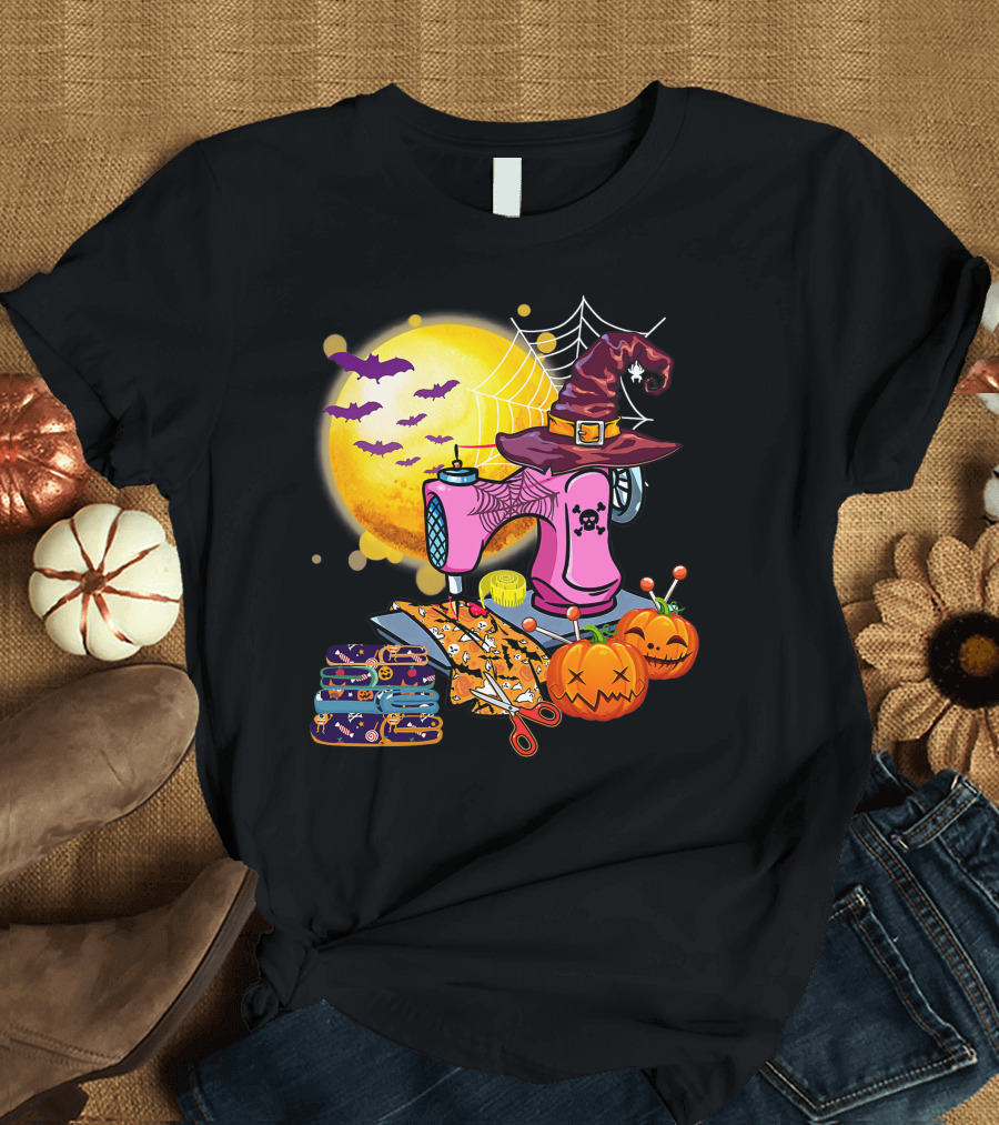 Sewing Machine Witch Hat Halloween Pumpkins Bats Moon T-Shirt