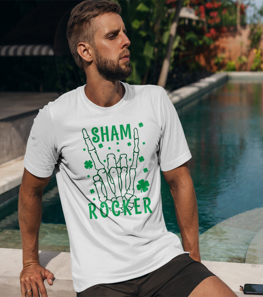 SHAM ROCKER Skeleton Hand With Shamrocks T-Shirt