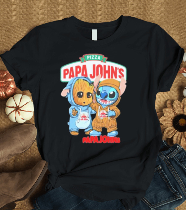T-Shirt: Papa John's Pizza with Groot and Stitch Characters T-Shirt Papa John's Pizza with Groot and Stitch Characters T-Shirt