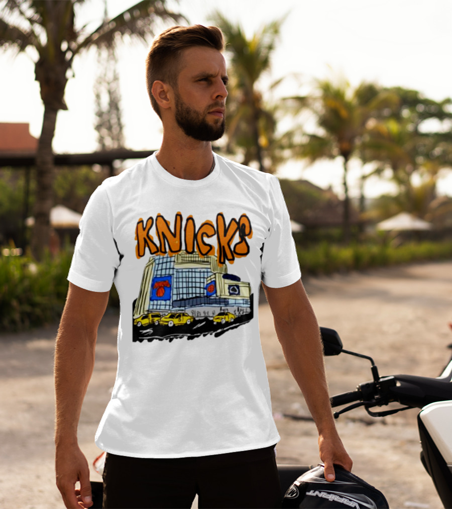 Knicks New York City Taxi Sketch With Arena Background T-Shirt