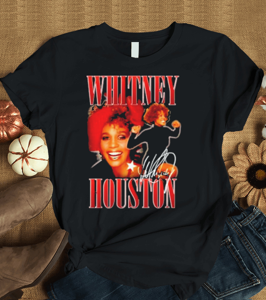 WHITNEY HOUSTON Signature Red Portrait with Joyful Expression T-Shirt