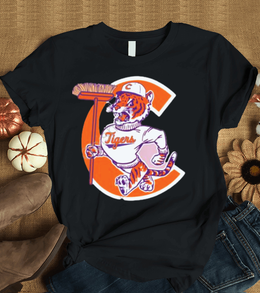 Clemson Tigers Vintage Logo with Broom and Letter C T-Shirt