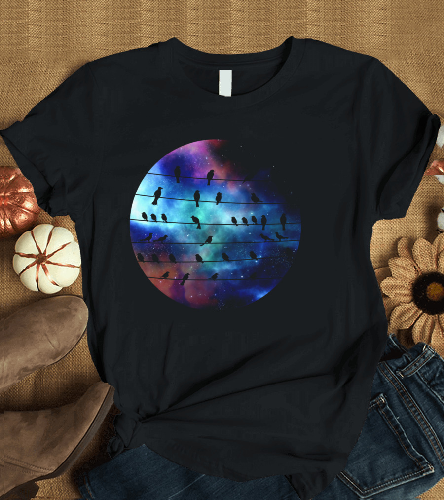 Birds On A Wire Cosmic Galaxy Silhouette in Space T-Shirt