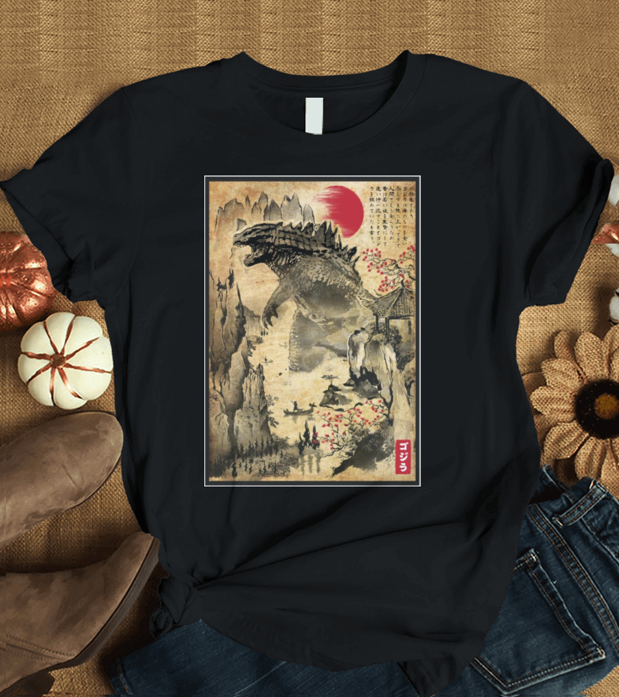 Gojira Japanese Woodblock Ukiyo-e Style with Red Sun and Cherry Blossoms T-Shirt