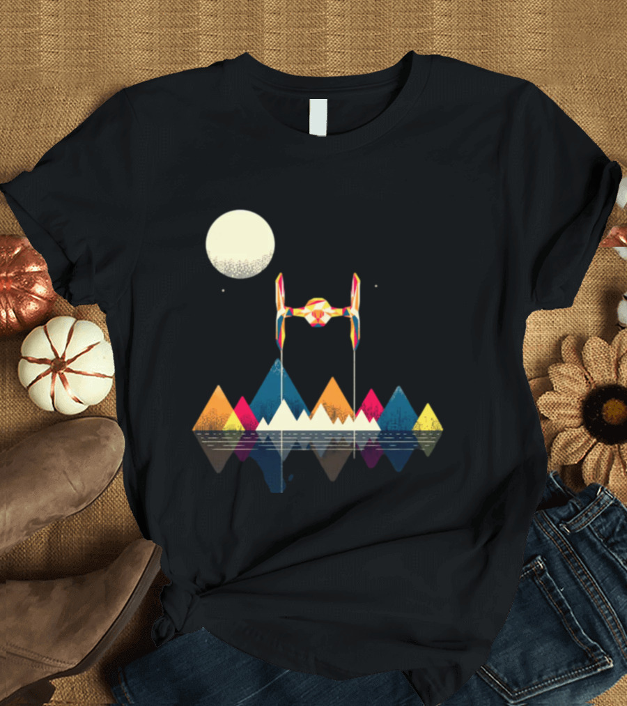 Imperial Fighter Tie Spaceship Over Geometric Mountains and Moon T-Shirt
