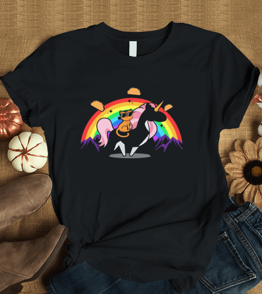 Cat Riding Unicorn with Rainbow and Tacos Magical Adventure T-Shirt