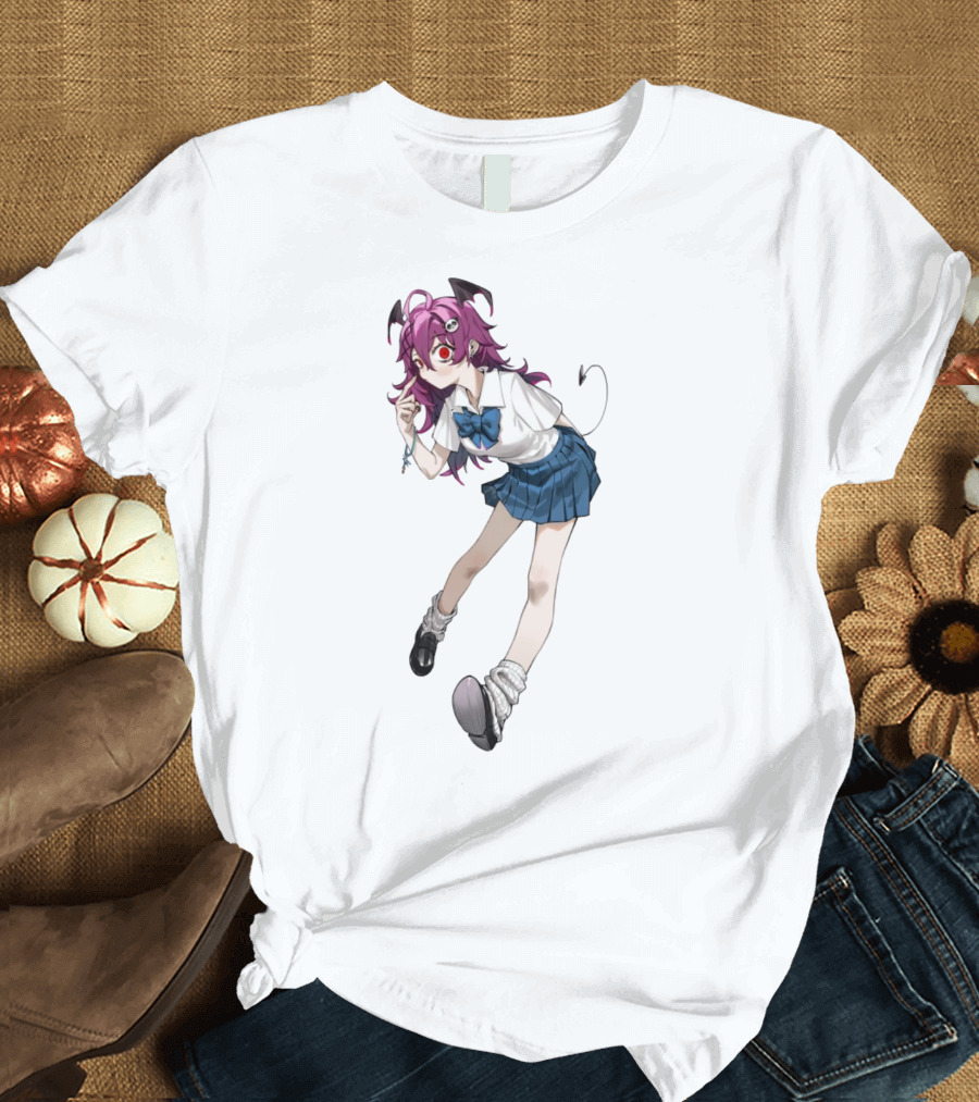 Devil Girl Anime School Uniform Purple Hair Horns Tail T-Shirt