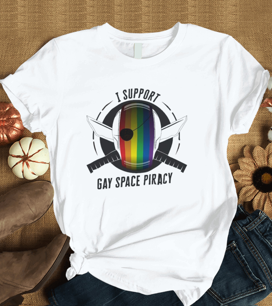 I Support Gay Space Piracy Pride Rainbow Flag Patch T-Shirt