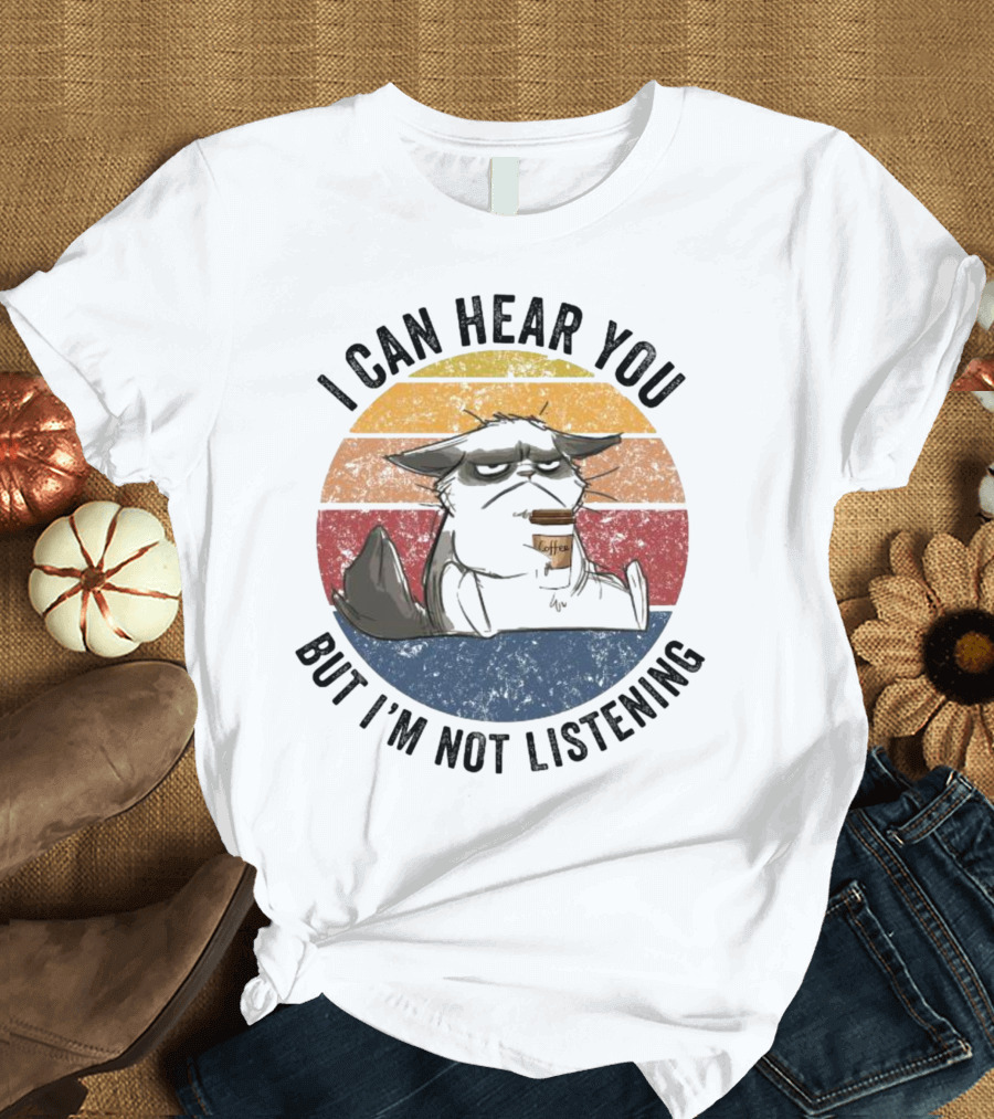 I Can Hear You But I'm Not Listening Coffee Cat Vintage Retro Stripes T-Shirt